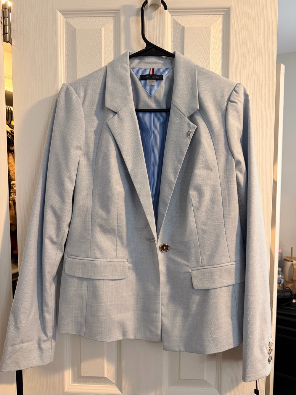 Tommy Hilfiger Light Blue Knit Blazer with Striped Trim